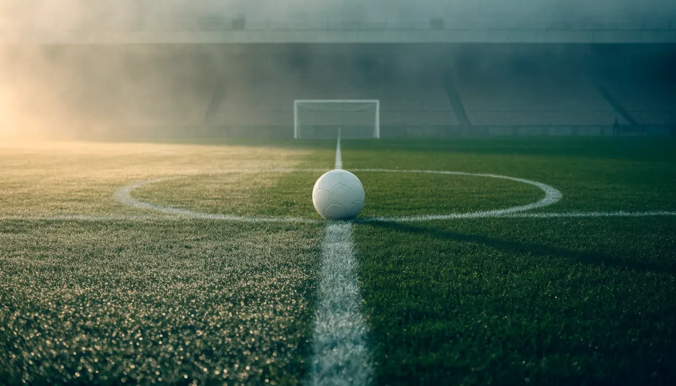 Ein einzelner Fussball liegt auf dem Anstosspunkt eines leeren Rasenplatzes am frühen Morgen, Tau glitzert auf dem Gras, die Tribüne liegt im Dunst.