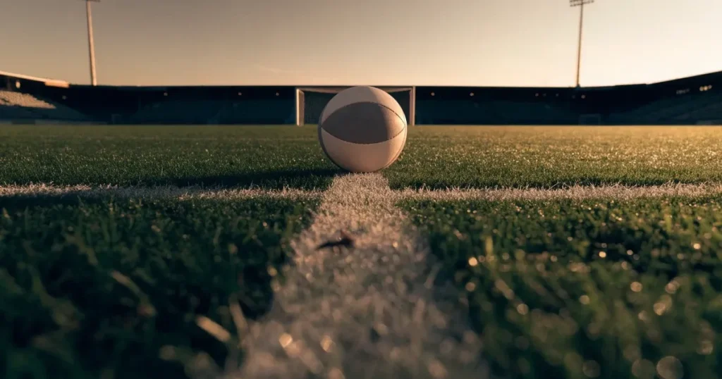 Ein Fussball liegt auf dem Mittelkreis eines Rasenfelds, die weissen Linien kreuzen sich auf dem gepflegten Gras im warmen Abendlicht.