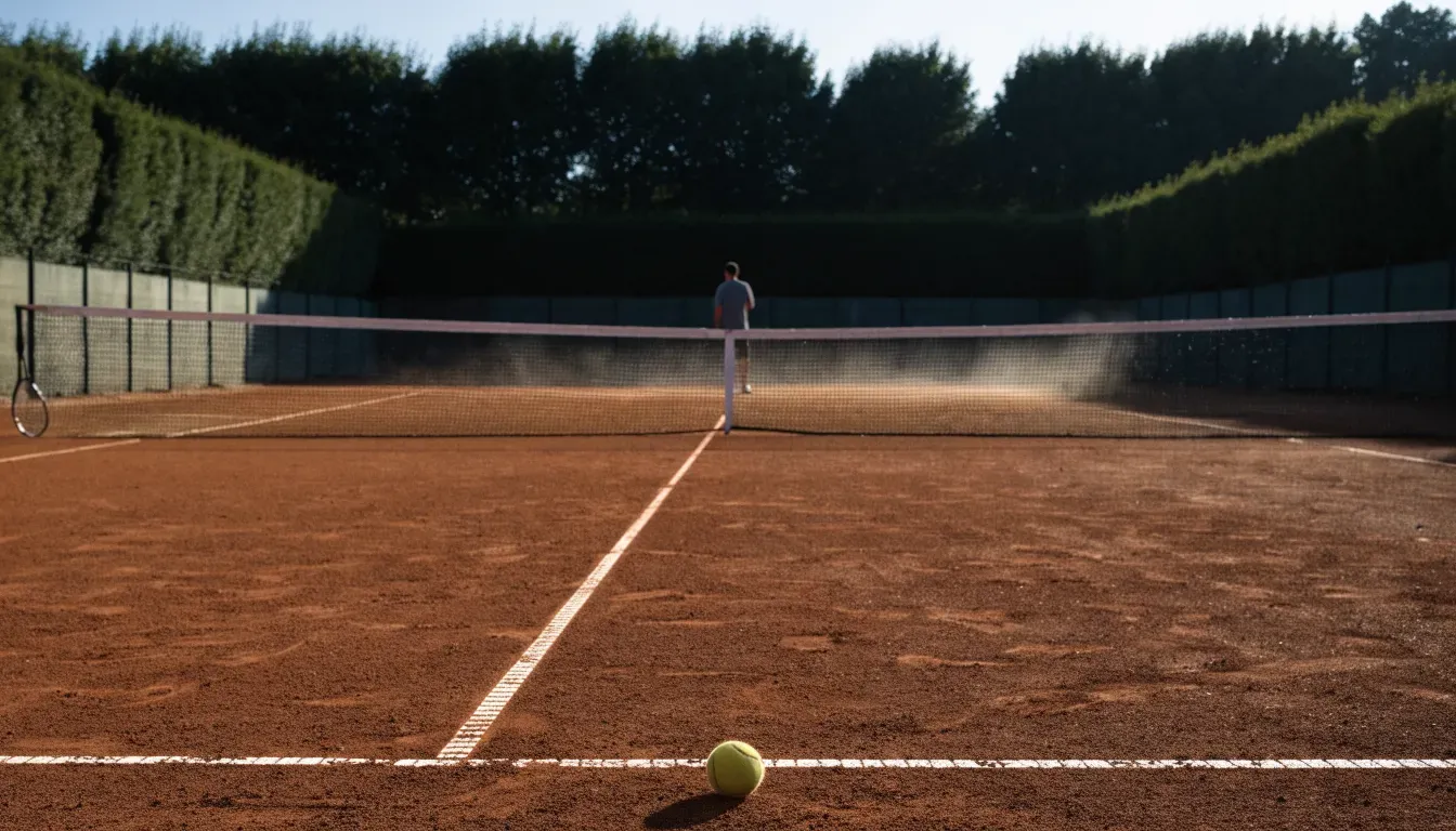 Ein Tennisplatz bei Sonnenaufgang, die Linien frisch gezogen, das Netz in der Mitte und Nebel über dem Boden.