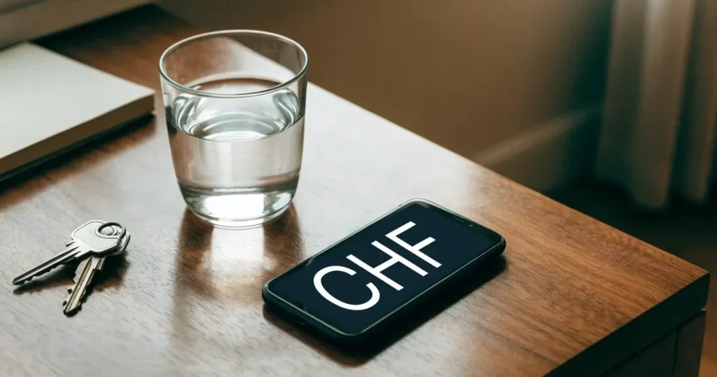 Ein Smartphone mit schwarzem Display liegt auf einem Holztisch neben einem Glas Wasser und einem Schlüsselbund.