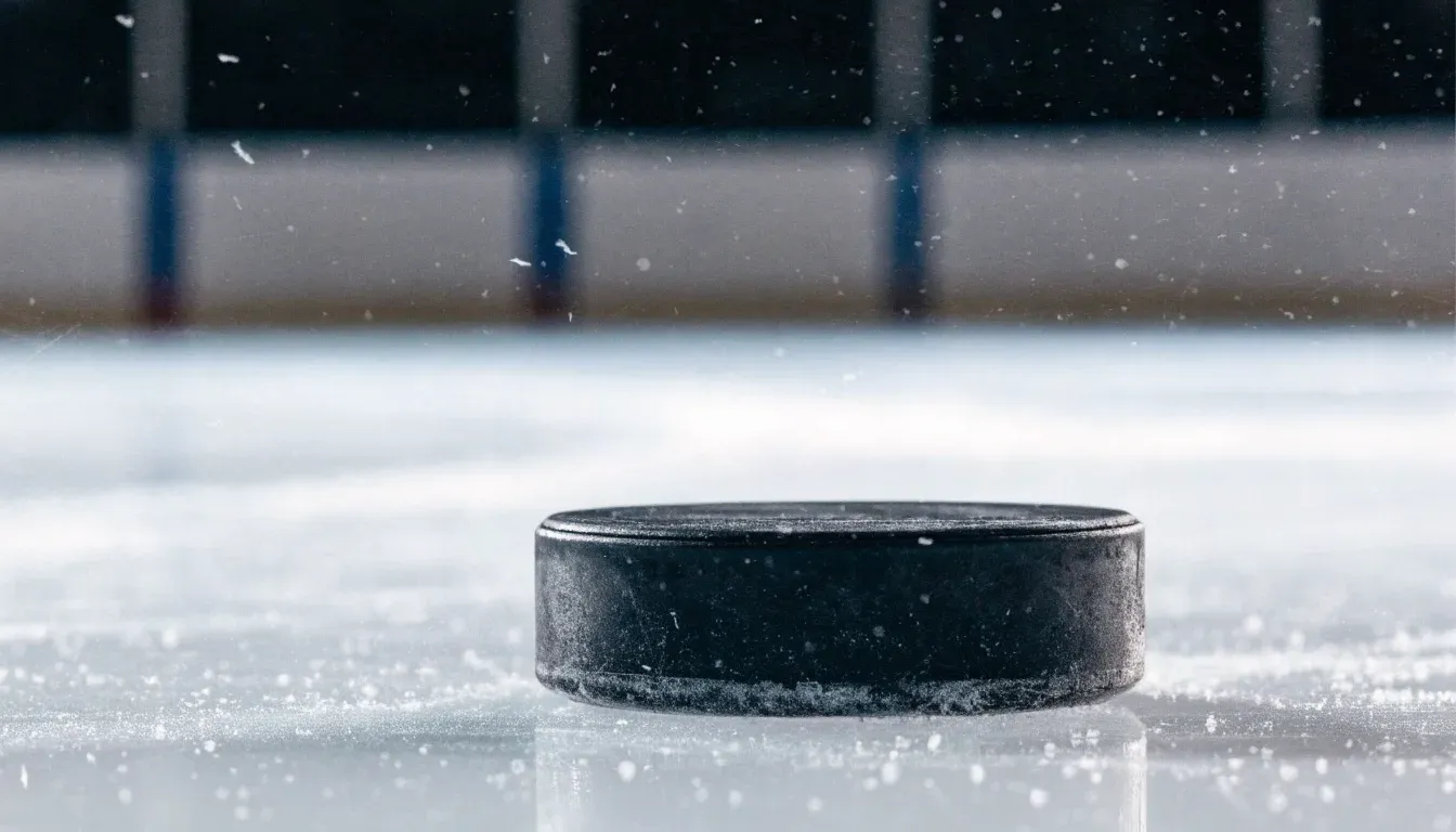Ein Eishockeypuck liegt auf dem Eis, im Hintergrund unscharf die Bande unter hellem Hallenlicht.