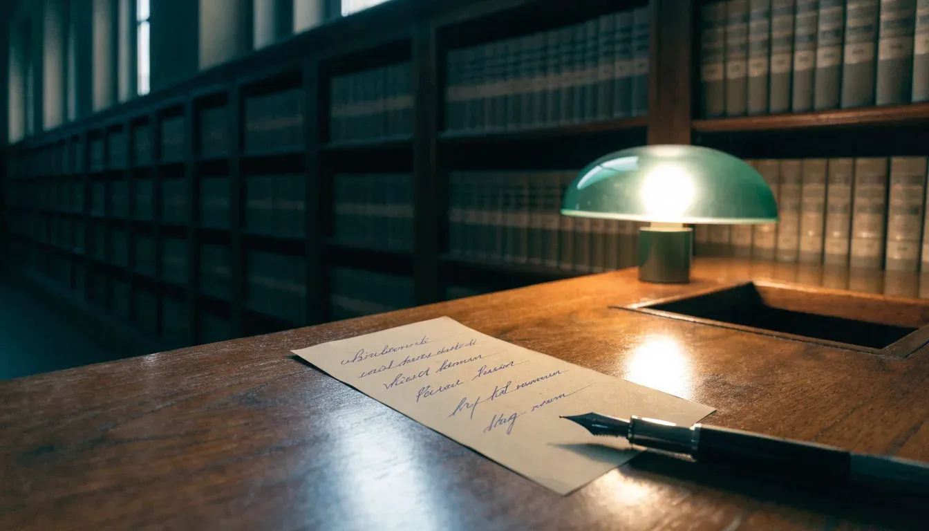 Eine Bibliothek mit hohen Holzregalen voller Bücher, im Vordergrund ein Lesetisch mit grüner Lampe.