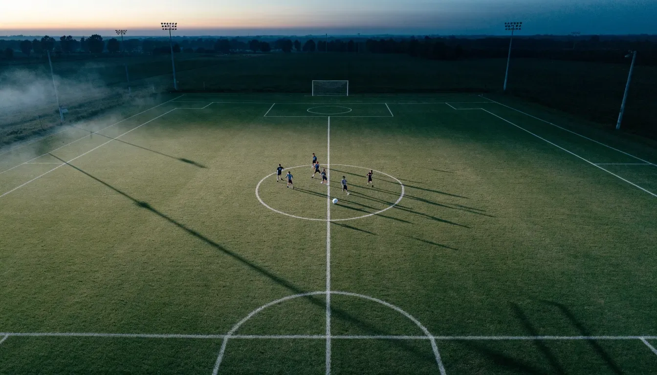 Ein Fussballplatz von oben gesehen, die Linien bilden ein helles Muster auf dem Rasen, Drohnenperspektive in der Morgendämmerung.