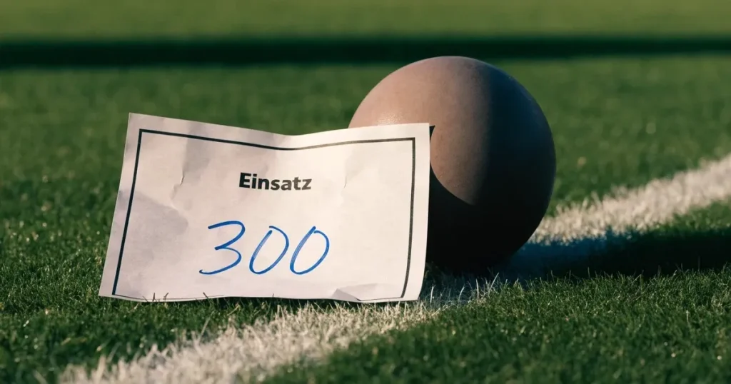 Ein Fussball und ein Massband liegen auf kurz geschnittenem Rasen neben einer Kreidelinie, Morgenlicht von der Seite.