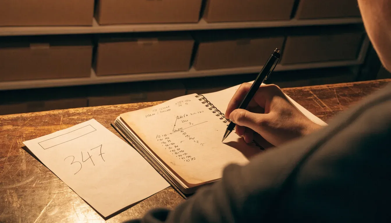 Ein alter Holztresen mit einem Notizbuch und einem Taschenrechner in warmem Lampenlicht, Regale im Hintergrund.