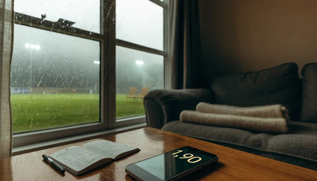 Ein Sofa mit Wolldecke steht vor einem grossen Fenster, draussen Regen und in der Ferne ein Fussballplatz.