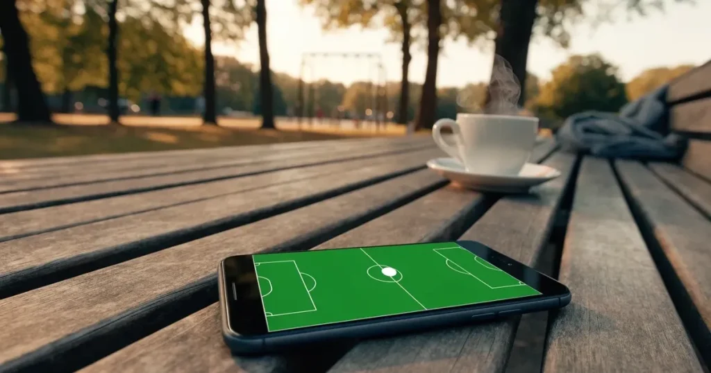 Ein Smartphone mit dunklem Display liegt auf einer Parkbank, daneben ein Kaffeebecher, im Hintergrund ein Spielplatz.