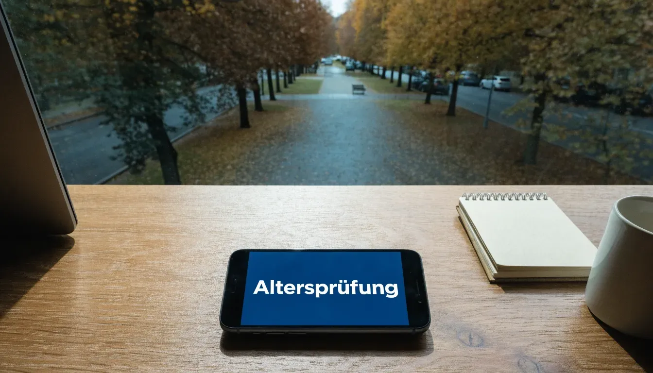 Eine Parkallee mit Kastanienbäumen und einer leeren Bank, Herbstlaub bedeckt den Kiesweg.