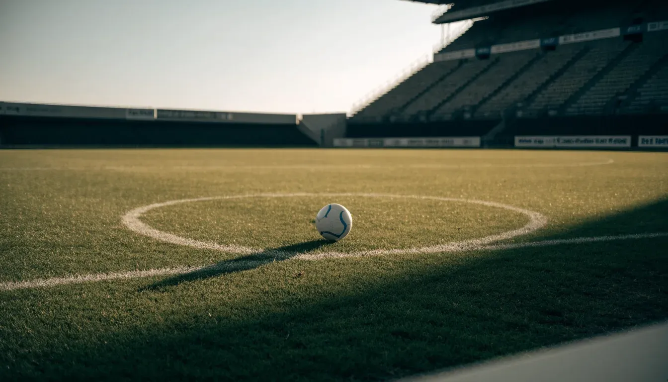 Ein Fussball liegt auf dem Anstosspunkt eines leeren Rasenplatzes im frühen Morgenlicht, dahinter erhebt sich eine menschenleere Tribüne.