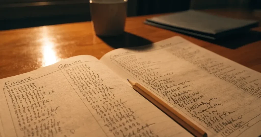 Ein aufgeschlagenes Notizbuch mit handschriftlichen Strichlisten und Spalten liegt neben einem Bleistift auf einem Holztisch im warmen Licht einer Schreibtischlampe.