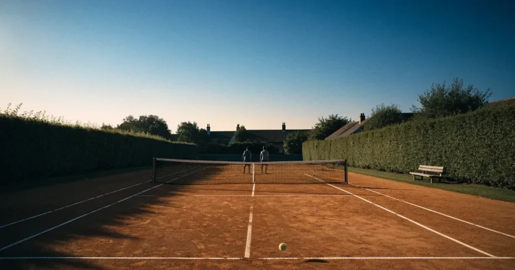 Ein Sandplatz für Tennis liegt bei Sonnenaufgang still da, das Netz wirft einen langen Schatten über die weissen Linien.