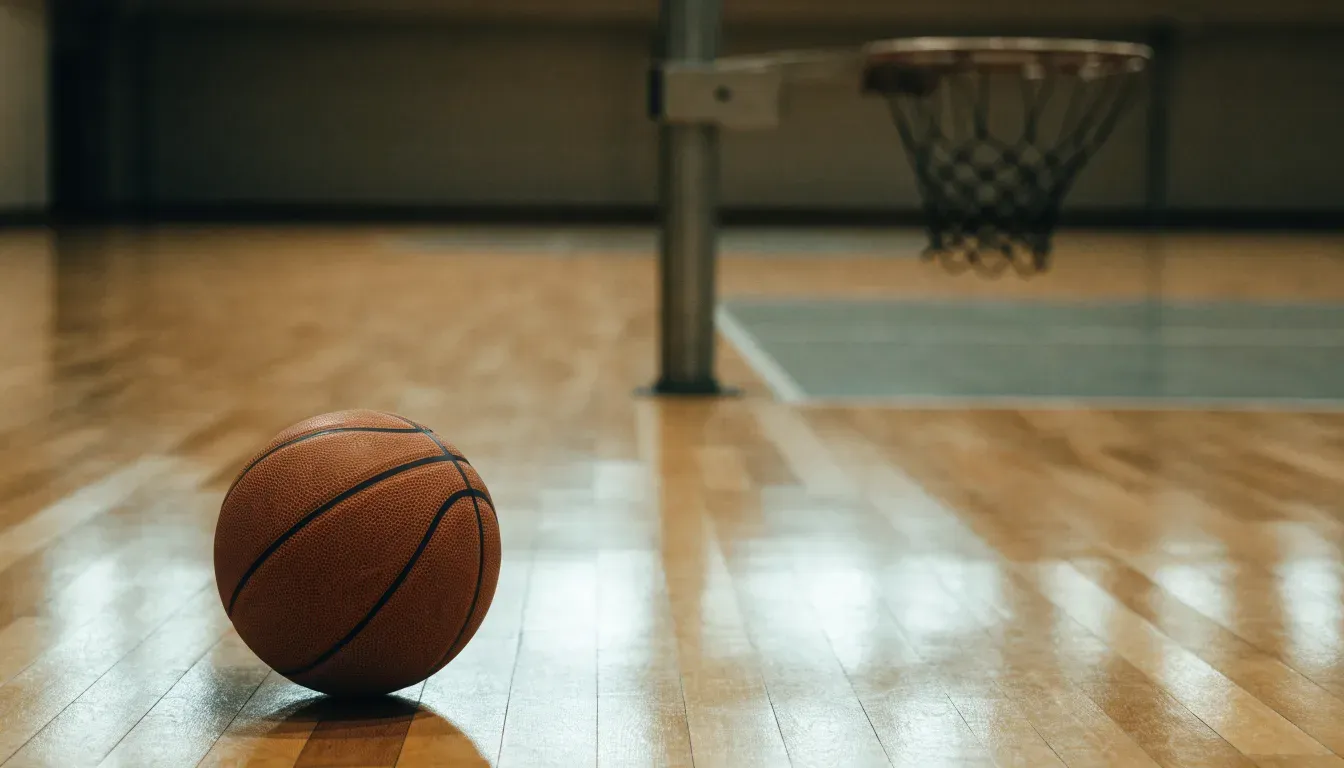 Ein Basketball liegt auf dem Parkett einer leeren Halle, von den Deckenlampen fällt gleichmässiges Licht auf den Boden.