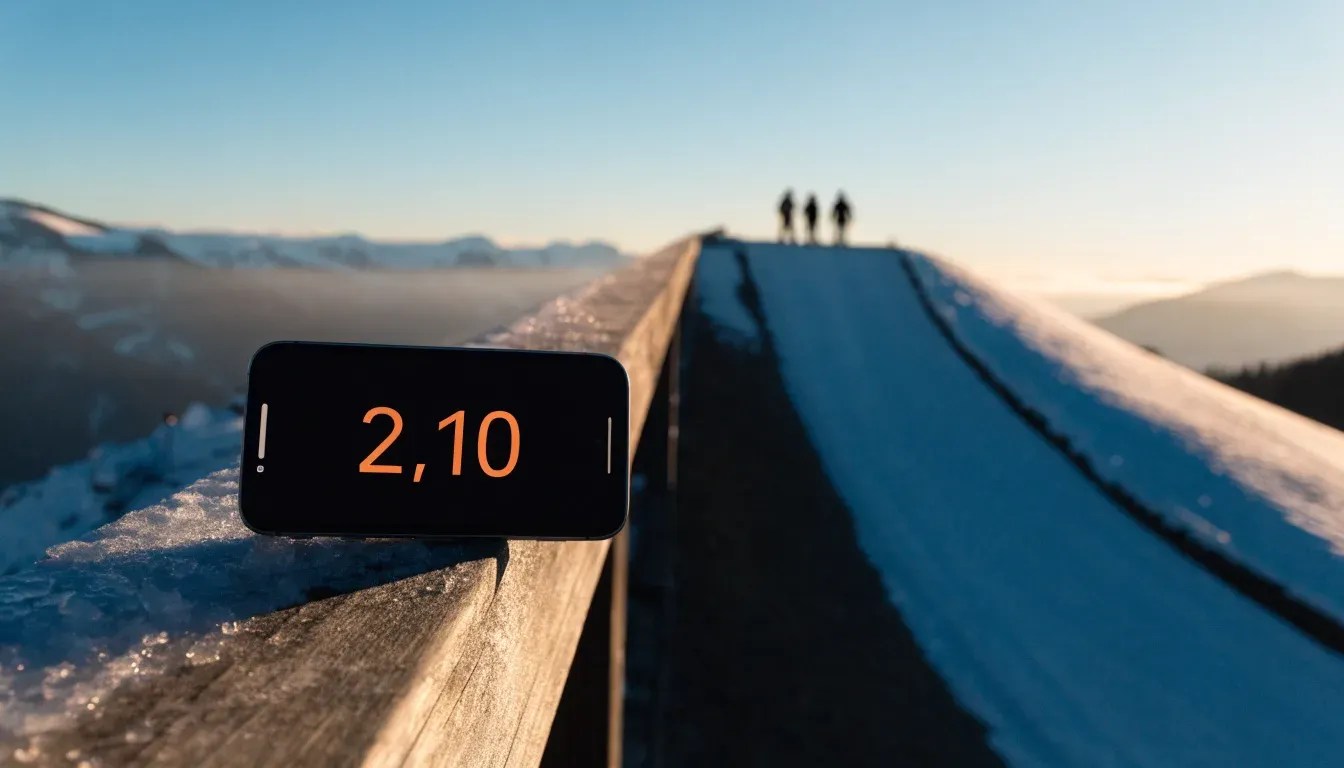 Eine Skisprungschanze erhebt sich vor verschneiten Bergen im Morgenlicht, die Hänge sind unberührt und ruhig.
