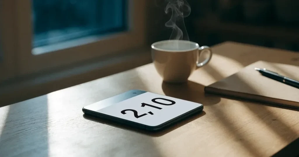 Ein Smartphone mit dunklem Display liegt neben einer Kaffeetasse auf einem hellen Tisch, daneben ein Notizblock.