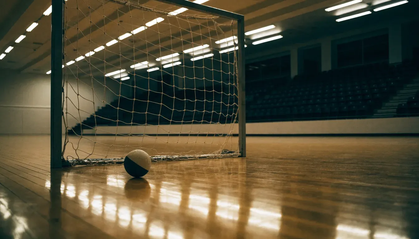 Ein Handballtor in einer leeren Sporthalle, der Ball liegt im Torraum und das Hallenlicht spiegelt sich im Parkett.