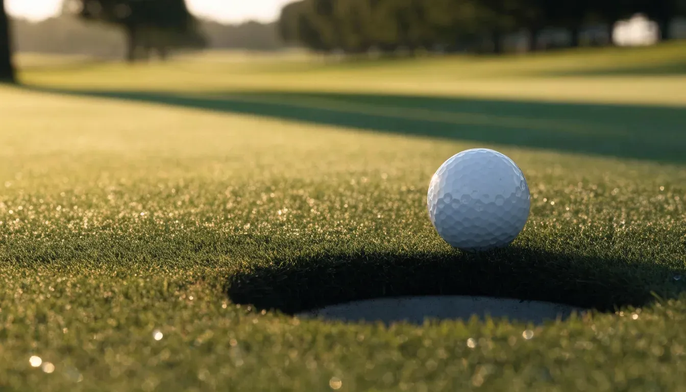 Ein Golfball liegt auf einem gepflegten Grün nahe am Loch, im goldenen Licht der Abendsonne.