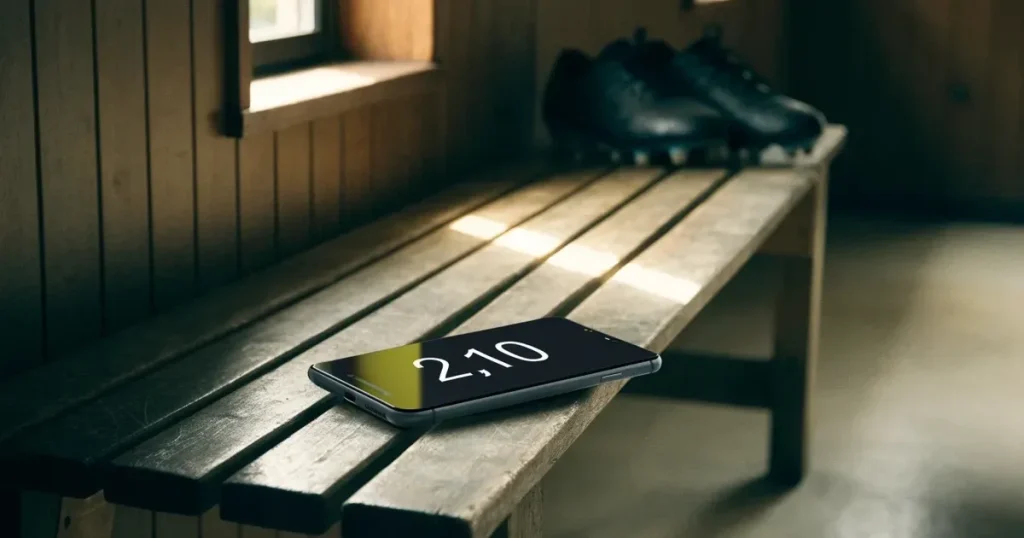 Ein Paar Fussballschuhe steht auf einer Holzbank in einer leeren Umkleide, Morgenlicht fällt durch ein kleines Fenster.