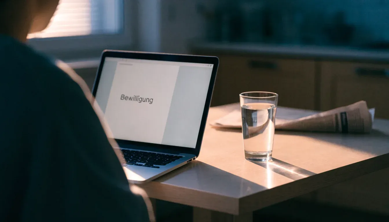 Ein geschlossener Laptop steht neben einem Glas Wasser auf einem Küchentisch im Licht des frühen Morgens.