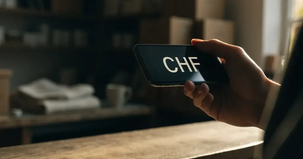 Eine Hand hält ein Smartphone mit dunklem Display knapp über eine hölzerne Ladentheke in einem kleinen Geschäft.