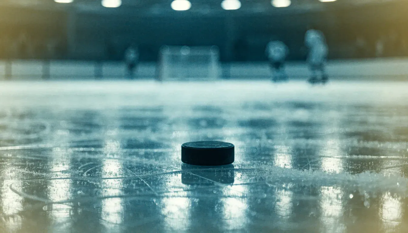 Ein Eishockeypuck liegt in Grossaufnahme auf der Eisfläche, feine Kratzer im Eis glänzen im hellen Hallenlicht.