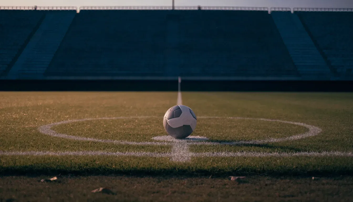 Ein Fussball liegt auf dem Mittelkreis eines leeren Rasenplatzes, dahinter ragen leere Tribünenreihen in den Abendhimmel.