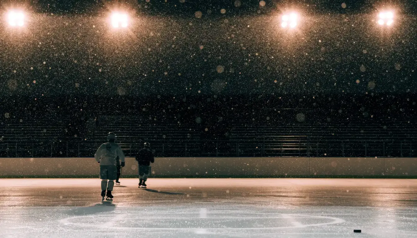 Eine Eishockeybahn liegt unter Flutlicht aus der Ferne betrachtet, leichter Schneefall treibt durch den Lichtkegel über dem Eis.