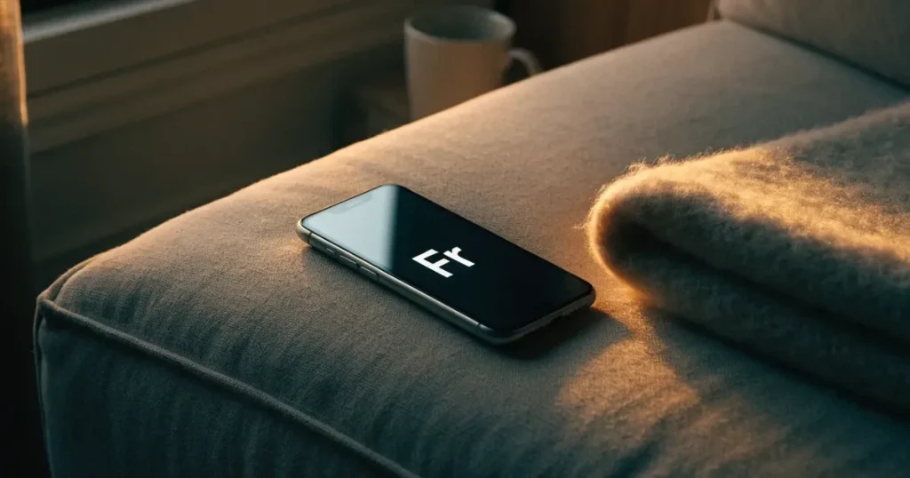 Ein Smartphone mit dunklem Display liegt auf der Lehne eines Sofas neben einer Wolldecke, warmes Abendlicht fällt ins Zimmer.