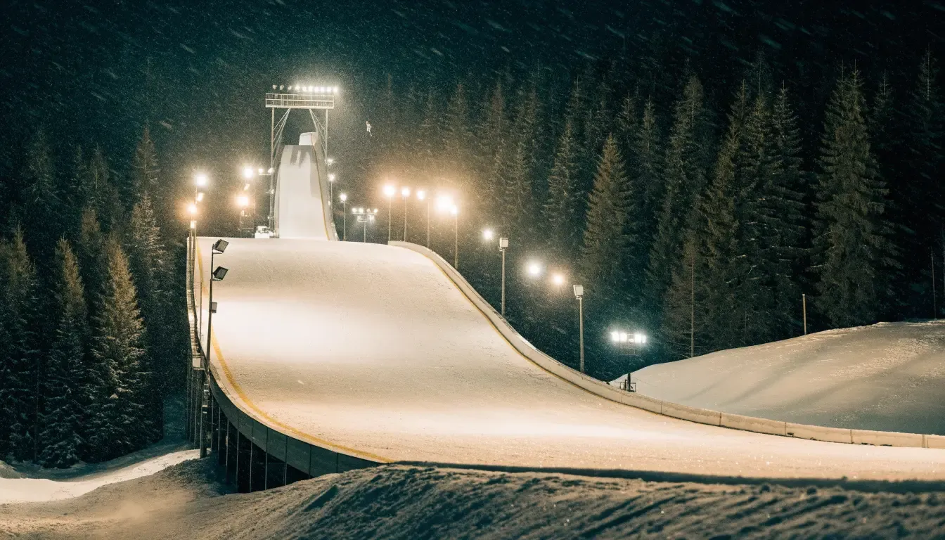 Eine Skisprungschanze steht am Abend im Flutlicht, aus der Ferne betrachtet, umgeben von dunklem Tannenwald und leichtem Schnee.