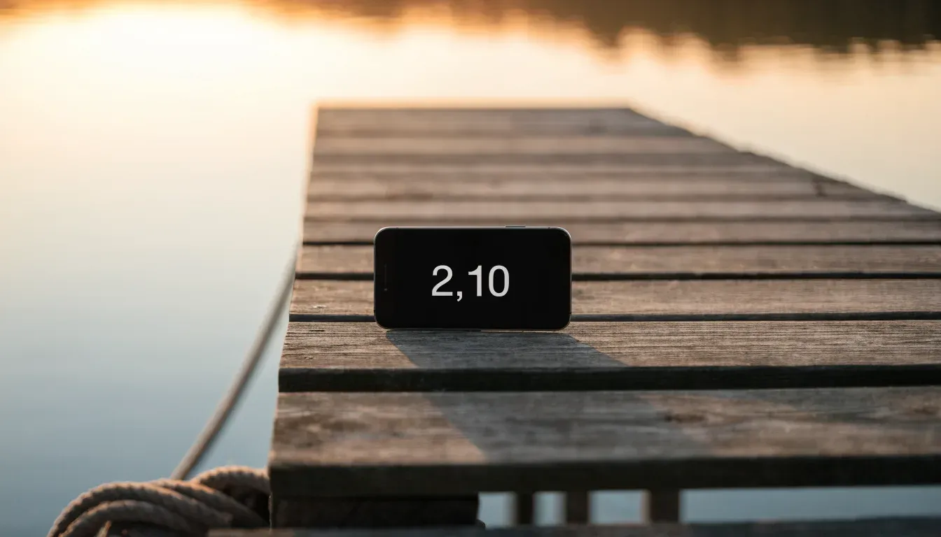 Ein leerer Ruder-Achter liegt bei Sonnenaufgang am Steg eines Sees, das Wasser ist spiegelglatt und der Himmel orange.