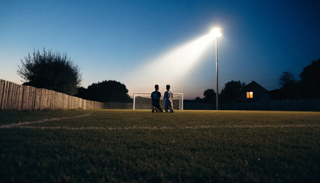 Ein kleiner Dorf-Fussballplatz liegt in der Dämmerung unter einem hohen Flutlichtmast, am Spielfeldrand steht ein Holzzaun.