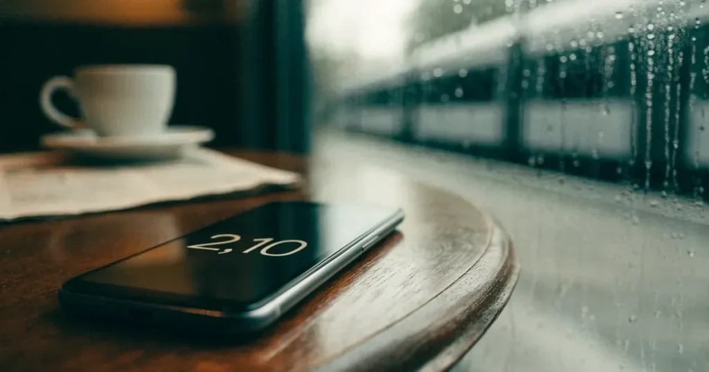 Ein Café-Tisch am Fenster trägt ein Smartphone mit dunklem Display, an der Scheibe laufen Regentropfen herunter und draussen steht eine Tram.