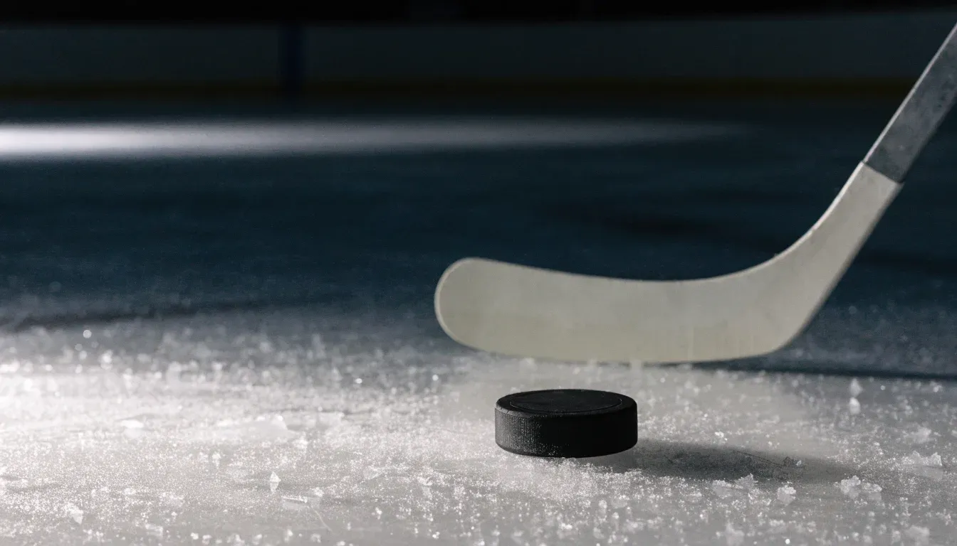 Ein Eishockeypuck liegt auf der Eisfläche neben dem Blatt eines Schlägers, die Bande dahinter ist im Dunkeln nur schwach zu erkennen.