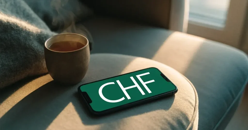 Ein Tablet mit schwarzem Display liegt auf einem Sofakissen, daneben ein Becher mit Tee, vom Fenster her fällt Abendlicht.