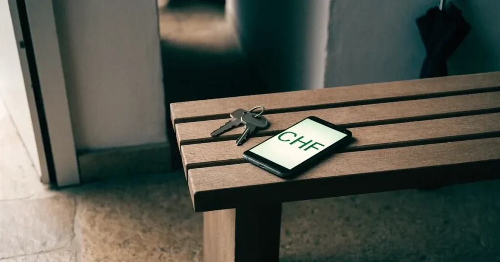 Ein Schlüsselbund und ein Smartphone mit dunklem Display liegen auf einer Holzbank in einem Hauseingang, daneben ein Regenschirm.