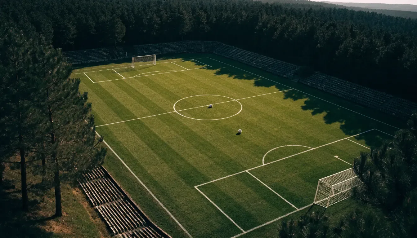 Ein Rasenplatz mit Spielfeldlinien ist von oben gesehen, ein einzelner Ball liegt in der Mitte, rundherum stehen leere Tribünen und Tannenwald.