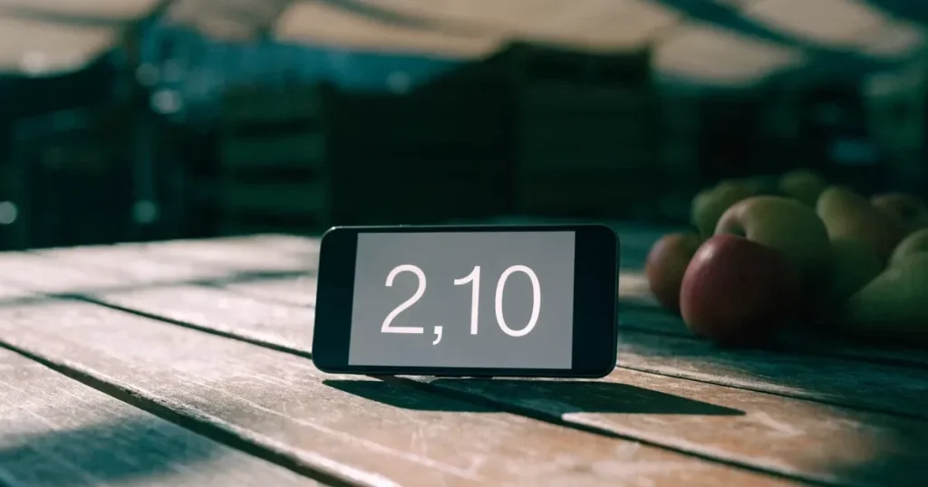 Ein Smartphone mit dunklem Display liegt auf dem Holztisch eines Marktstands zwischen Äpfeln und Birnen, morgendliches Licht fällt durch eine Plane.