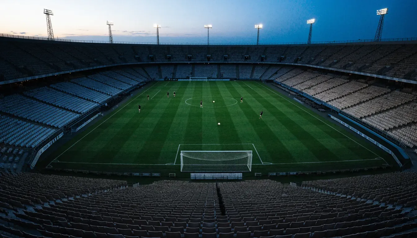 Leere Tribünenränge eines Fussballstadions in der Abenddämmerung, über dem Rasen leuchten die Flutlichter.