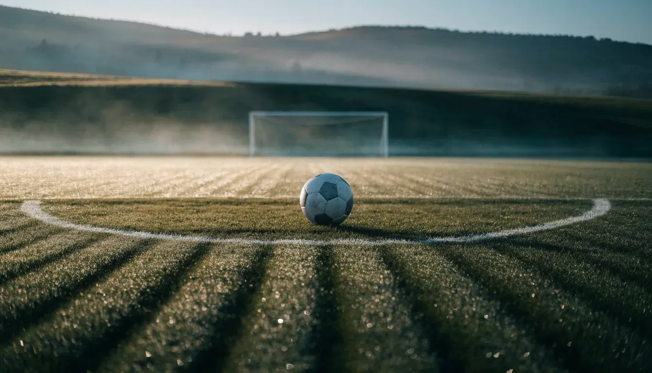 Ein Fussball liegt am frühen Morgen auf dem Anstosspunkt eines taunassen Rasens, im Hintergrund erheben sich Hügel im Dunst.
