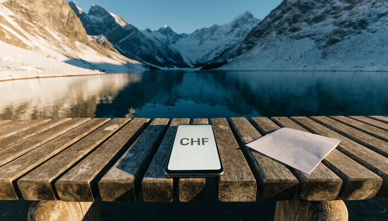 Eine Bank an einem Bergsee, dahinter schneebedeckte Gipfel im klaren Licht eines Wintermorgens.