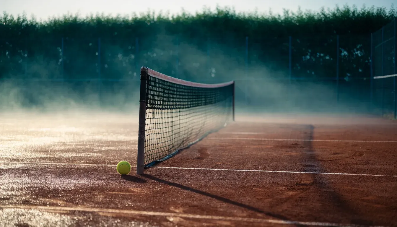 Ein Tennisplatz im Morgengrauen mit gespanntem Netz und feinem Dunst über der roten Asche.