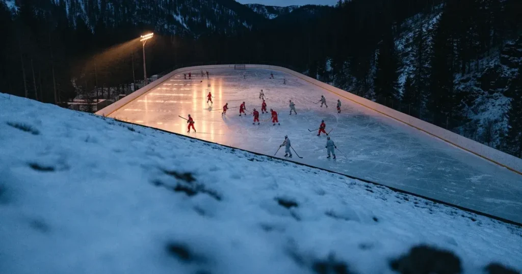 Eine Eisfläche unter Flutlicht in der Winterdämmerung, aus grosser Distanz von einem verschneiten Hang aus gesehen.
