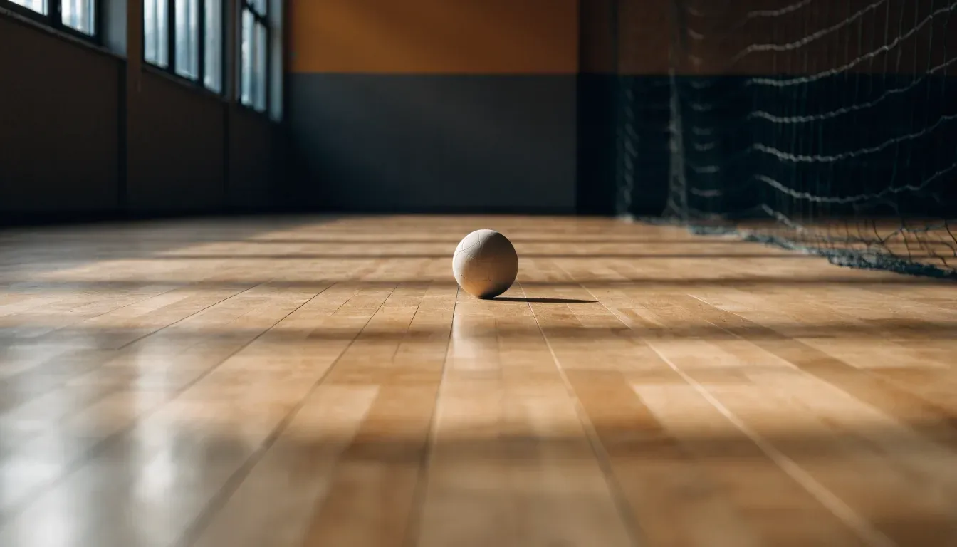 Der Boden einer Sporthalle aus poliertem Parkett mit einem einzelnen Handball in der Mitte, Licht fällt durch hohe Fenster.