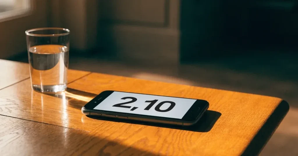 Ein Smartphone liegt mit dem Display nach unten auf einem Holztisch neben einem Wasserglas.