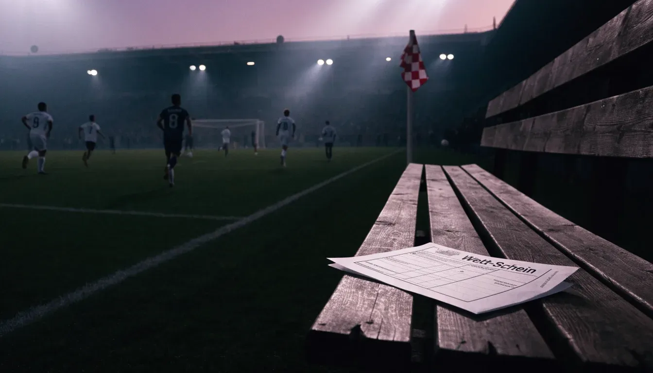 Die Silhouette eines Stadiondachs vor dem violetten Abendhimmel, dahinter eine Hügelkette.