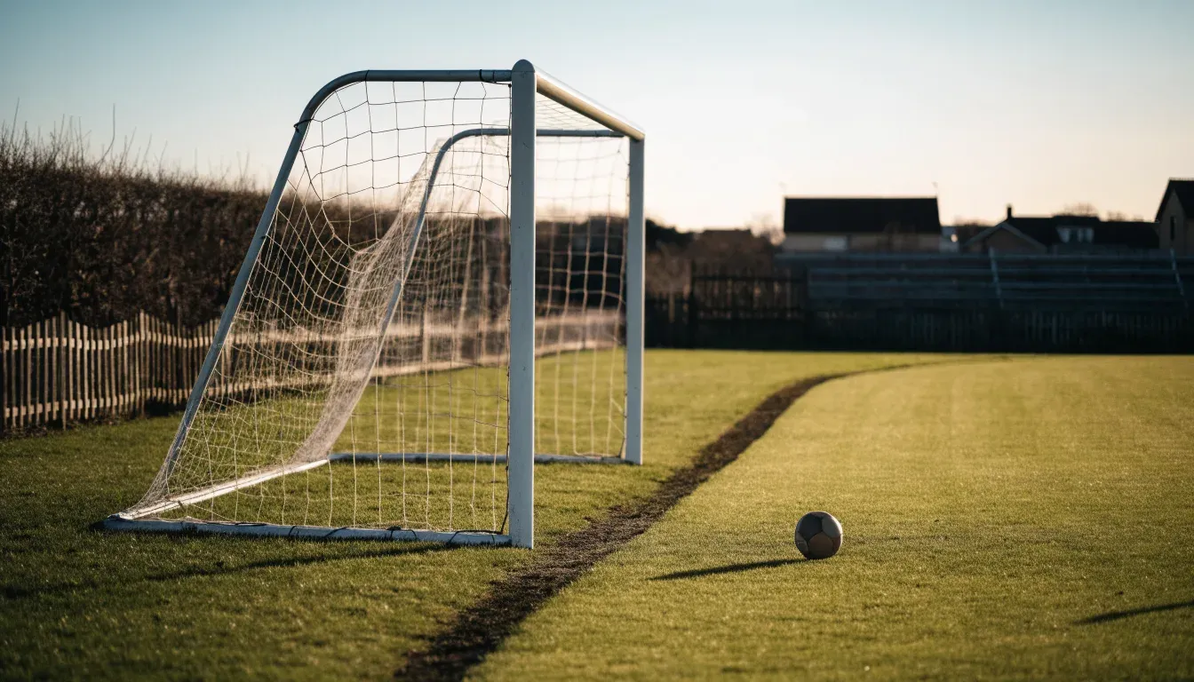Ein Fussballtor mit locker hängendem Netz auf einem Trainingsplatz, das sich leicht im Wind bewegt.