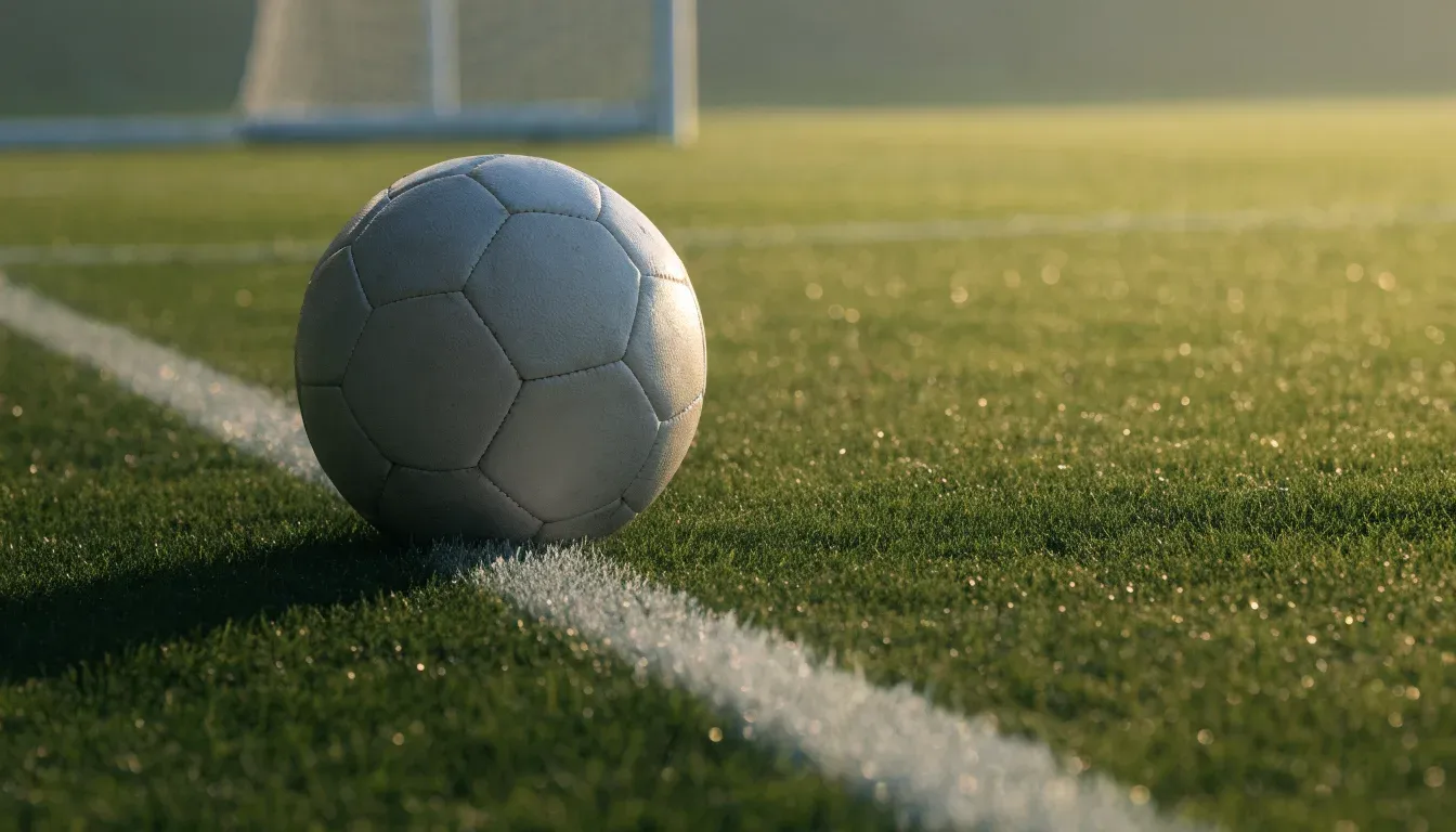 Ein Fussball ruht an der Seitenlinie im taufeuchten Gras, die ersten Sonnenstrahlen fallen schräg über den Platz.