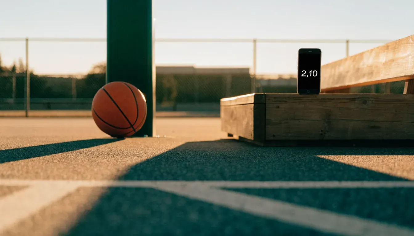 Ein Basketball liegt bei Sonnenuntergang auf einem leeren Aussenplatz, lange Schatten fallen über den Boden.