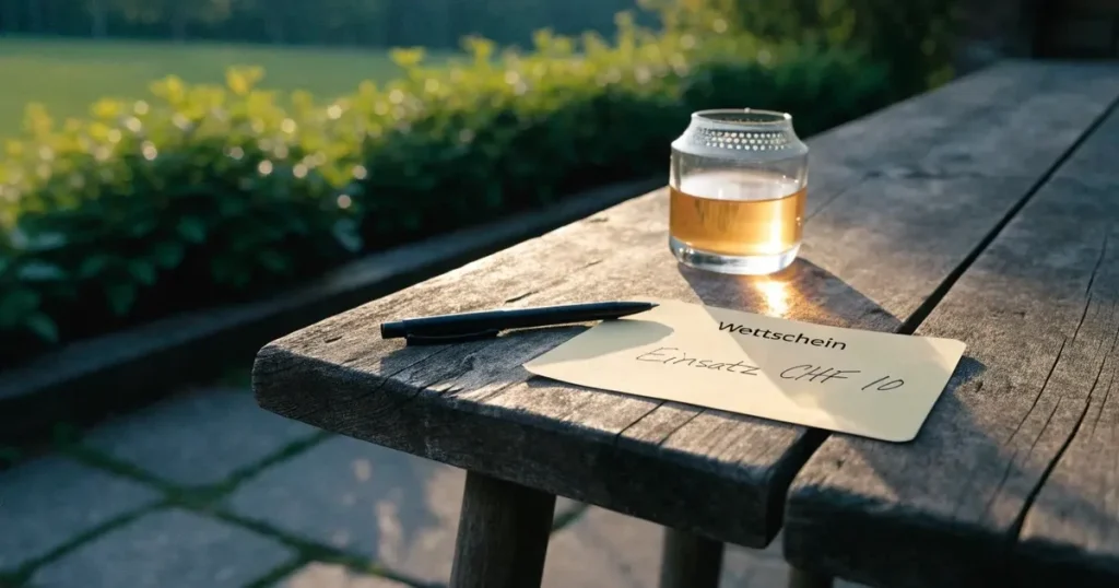 Ein leeres Wettschein-Papier und ein Kugelschreiber liegen auf einem Gartentisch auf einer Terrasse, daneben steht ein Windlicht.