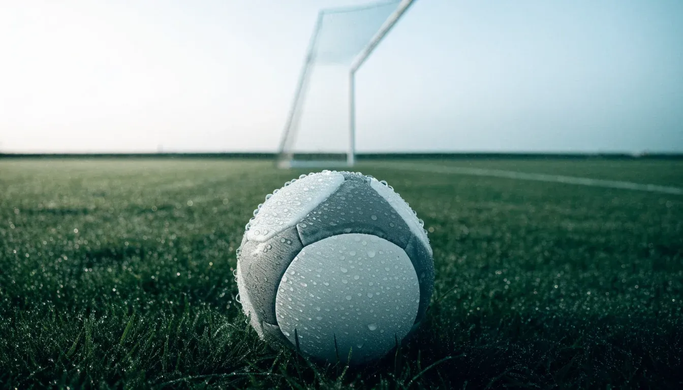 Ein Fussball auf dem Rasen aus niedriger Perspektive aufgenommen, die Torpfosten verschwimmen im Hintergrund.