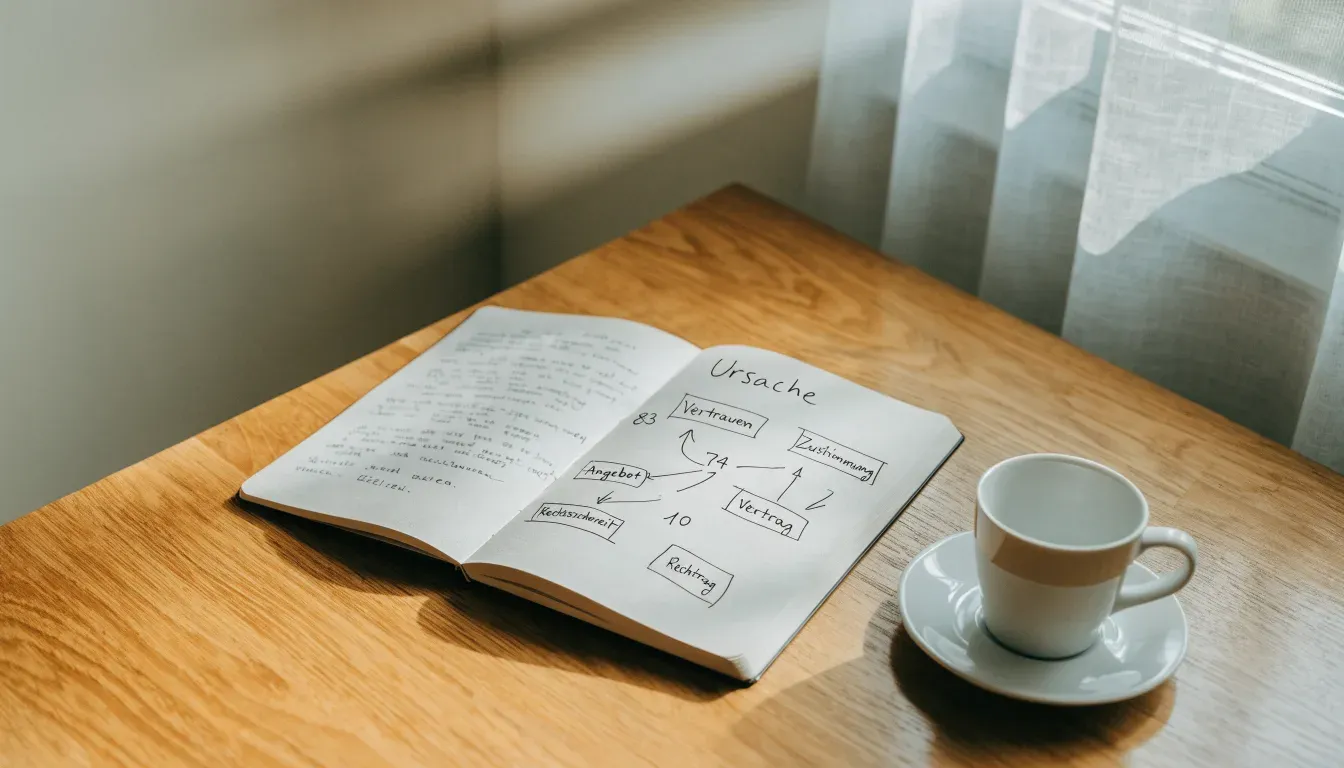 Ein aufgeschlagenes Notizbuch mit handschriftlichen Pfeilen und Kästchen liegt neben einer Kaffeetasse auf einem Schreibtisch am Fenster.